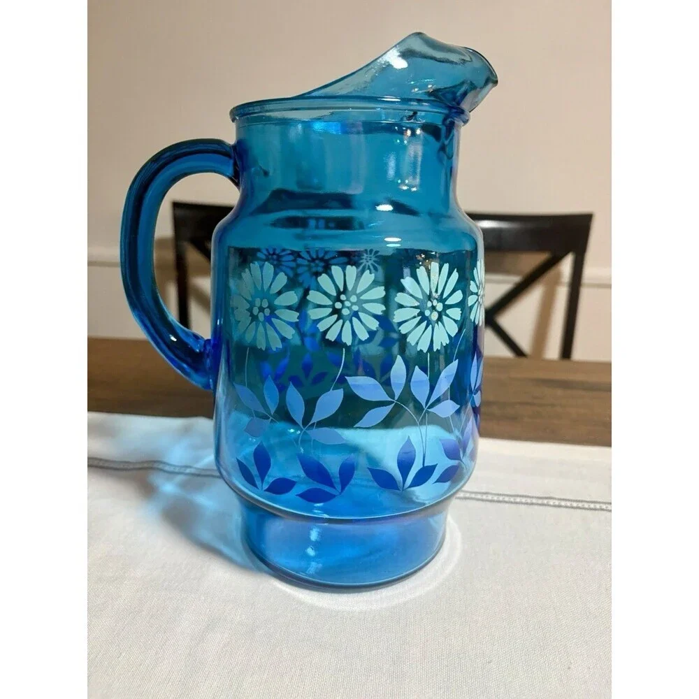 Vintage Mid Century Libbey Blue Glass Pitcher Rain Flower Daisy Floral 10” Vase